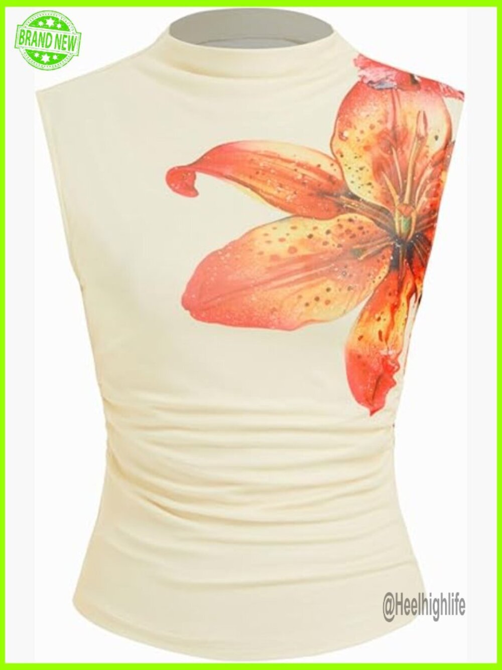 Sleeveless Mock Neck Ruched Tank Top with Floral Pattern Women Summer Y2K Top